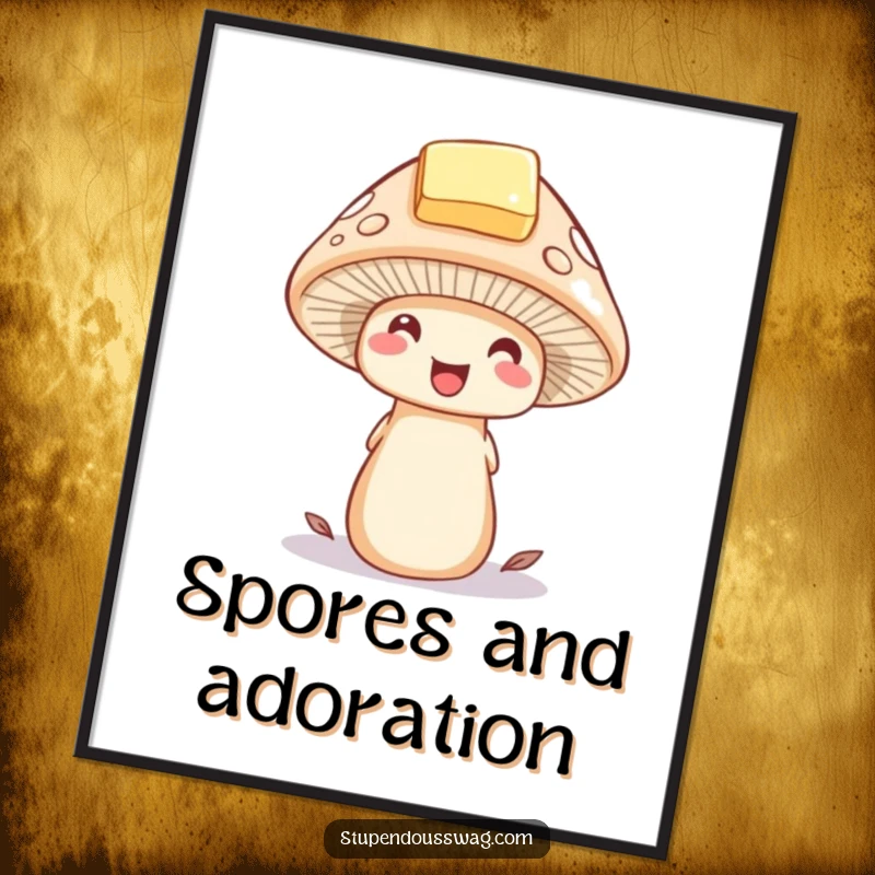 Funny mushroom digital art print of a delighted mushroom wearing a tiny hat made of a butter pat. Whimsical woodland-themed illustration.