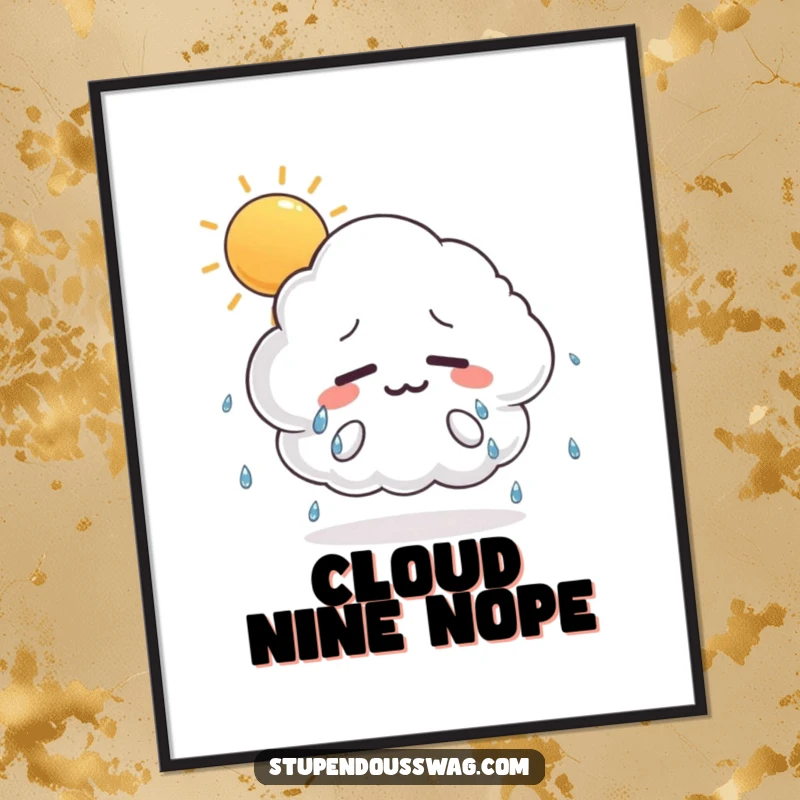 Funny digital art print of a nervous cloud sweating heavily under a bright sun, conveying humorous anxiety and relatable feelings.