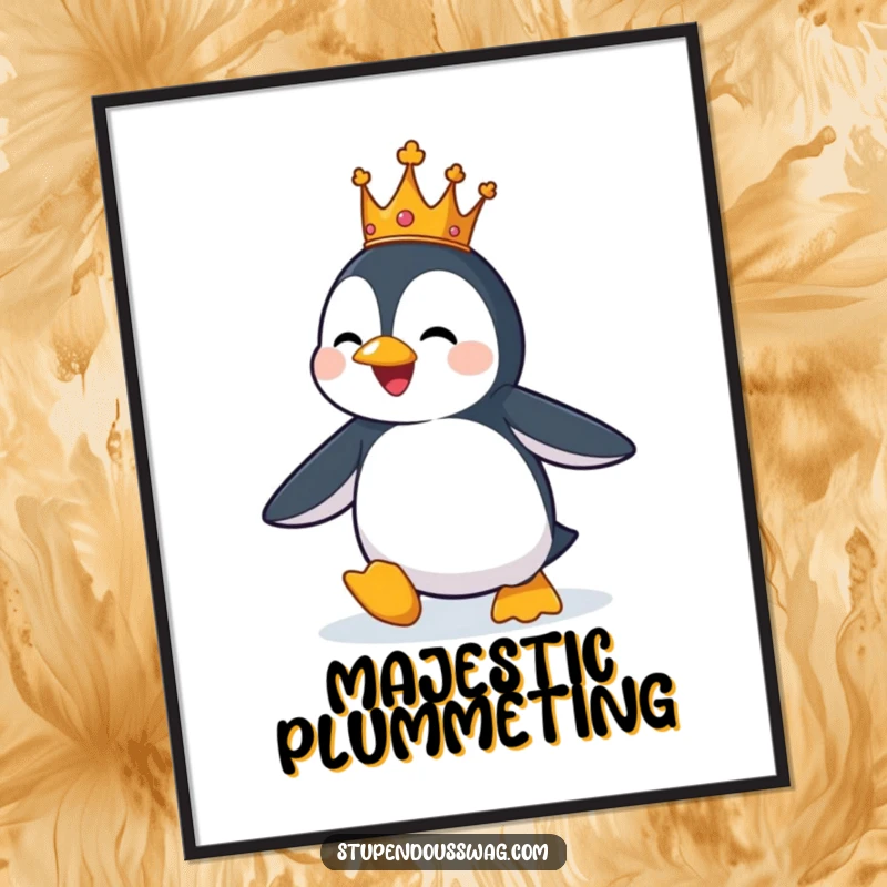 Funny digital art print of a penguin wearing a tiny crown, comically attempting to fly.