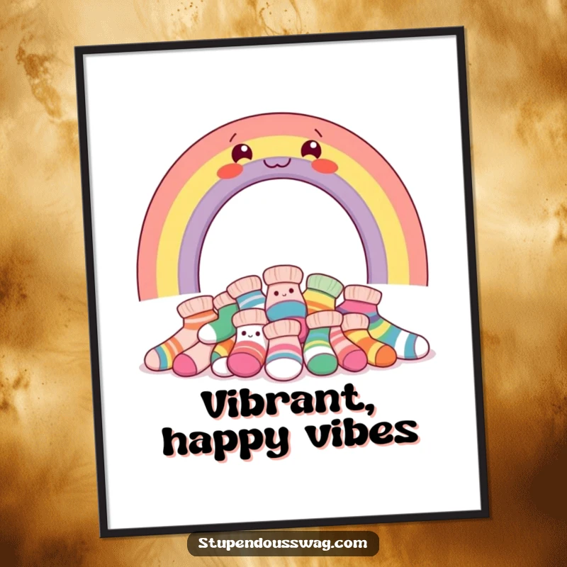Funny digital art print of a smiling rainbow over a pile of giggling socks, perfect for instant whimsical decor.