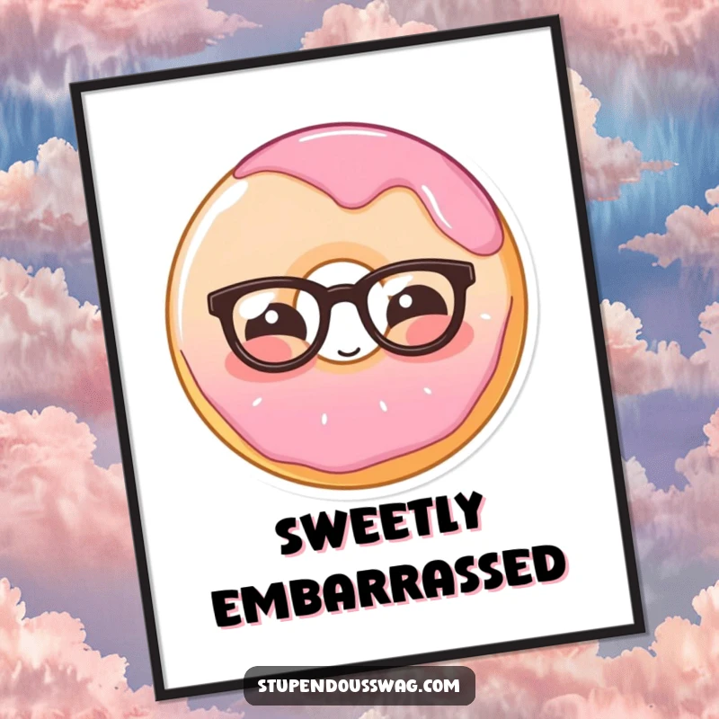 Funny digital art print of a shy donut wearing glasses, blushing sweetly, perfect for a charming and whimsical room.