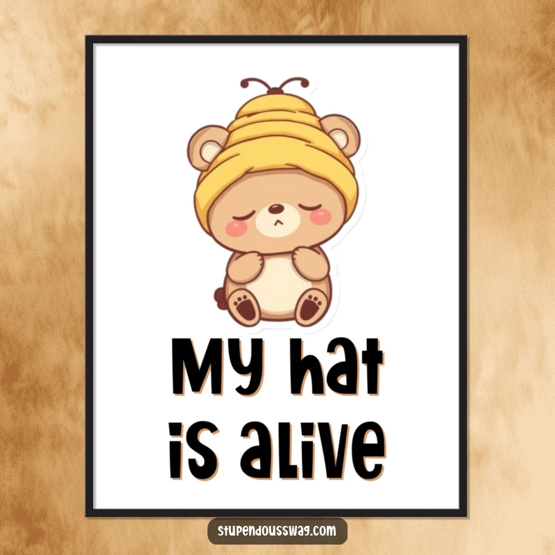 Funny digital art print of a sleepy bear character attempting to wear a beehive as a hat, artistic and humorous.