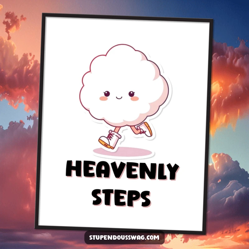 Funny Skipping Cloud Digital Art: A fluffy cloud wearing tiny boots skips energetically.