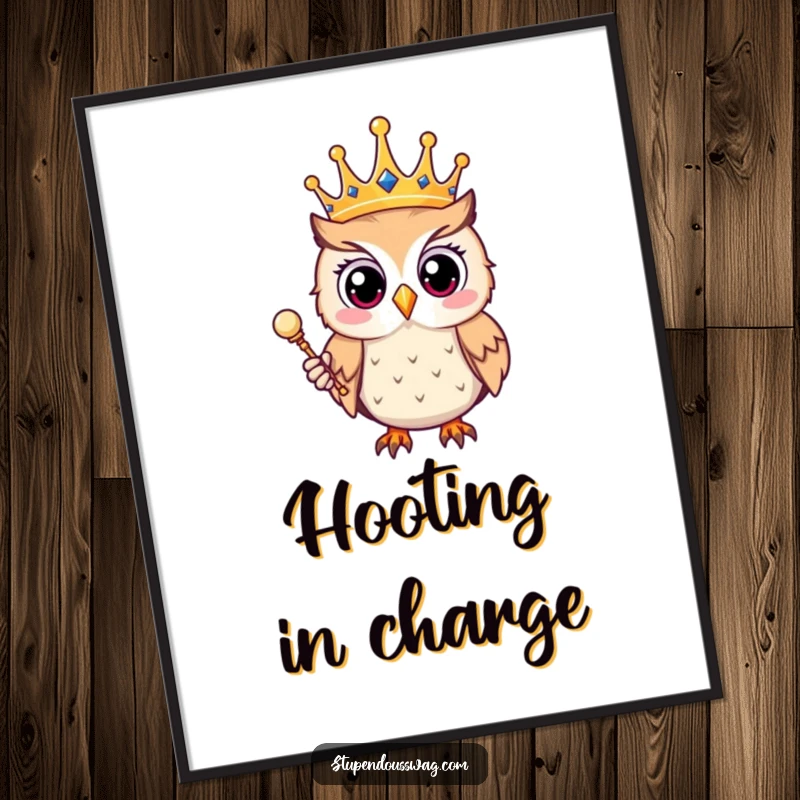 Funny digital art print of a surprised owl wearing a crown and holding a scepter, ideal for printable wall decor with a regal and humorous theme.