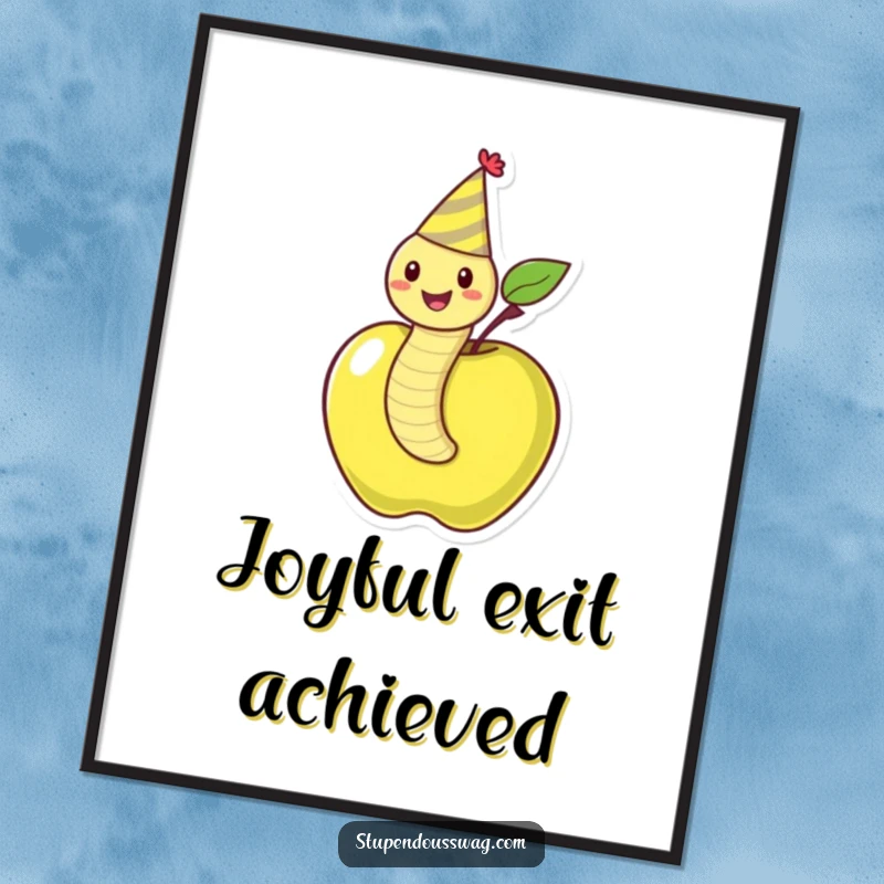 Funny digital art print of a happy worm in a party hat emerging from an apple, perfect for a cheerful and whimsical room.