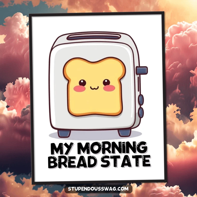 Funny digital art print of a smiling bread slice stuck halfway out of a toaster, designed to add humorous decoration to any space.