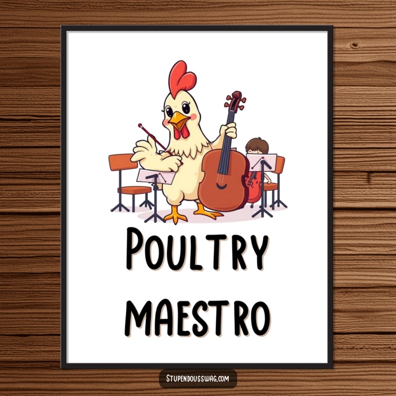 Funny digital art print of a rubber chicken attempting to conduct an orchestra, ideal for printable wall decor with a musical and humorous theme.