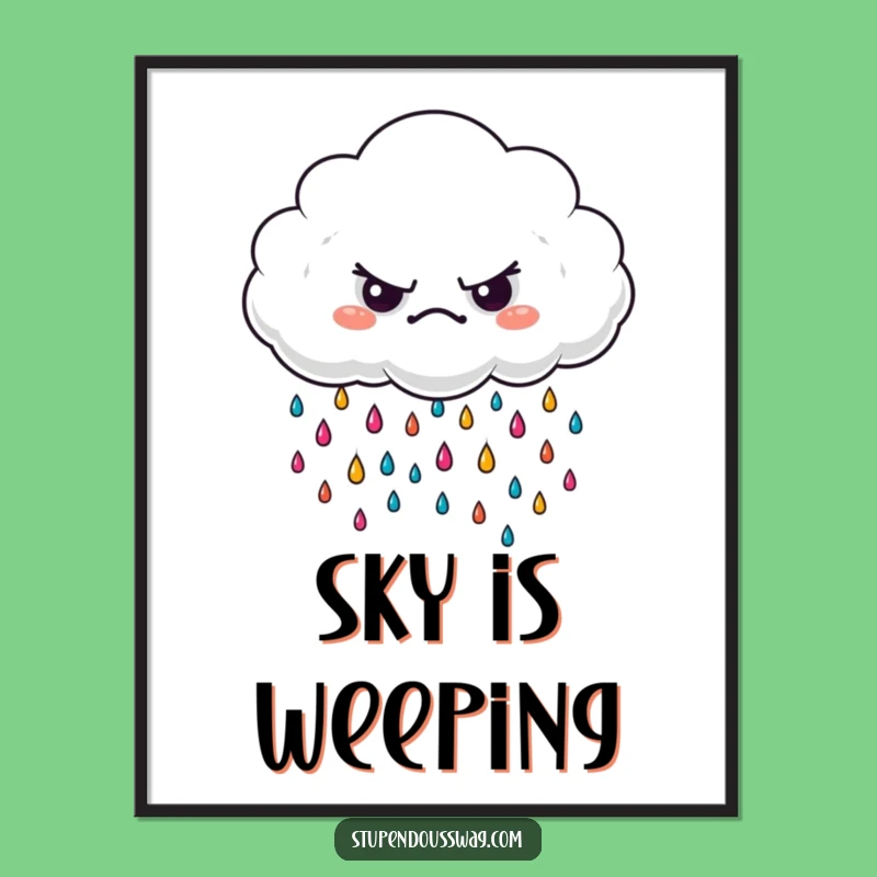 Funny Grumpy Cloud Digital Art: Instant Download of Colorful Raindrops
