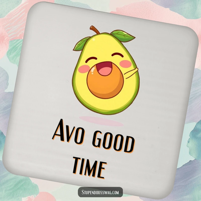 Funny avocado coaster featuring a laughing avocado pit escaping its fruit and doing a tiny somersault. Humorous and functional accessory.