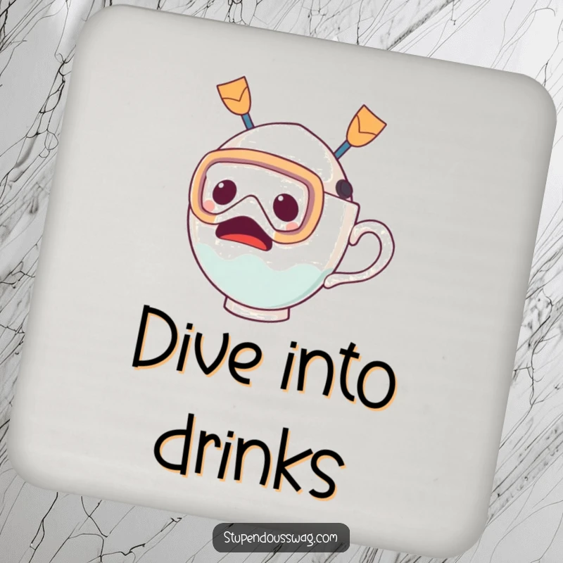 Funny drink coasters featuring a startled teacup wearing a diving mask and fins, humorously poised to dive, adding whimsy to tabletops.