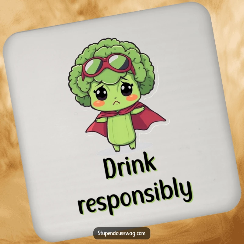 Funny bewildered broccoli drink coasters featuring a miniature superhero cape on a charmingly confused floret for humorous table protection.