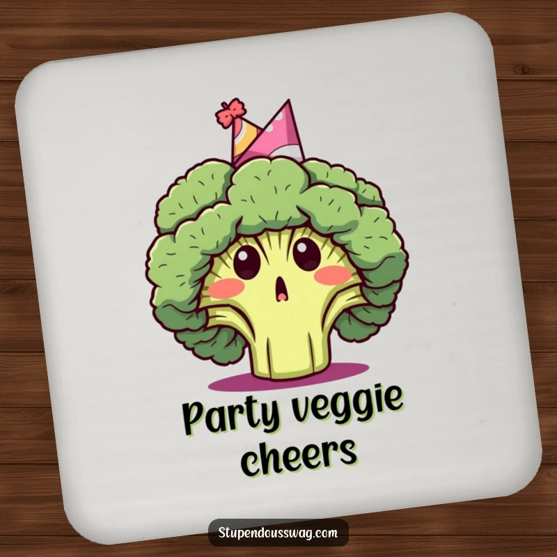 Funny drink coasters featuring a surprised broccoli head wearing a party hat, adding a humorous and festive touch to any drink.