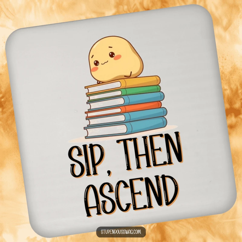 Funny drink coasters featuring a determined potato scaling books, a humorous way to protect surfaces.