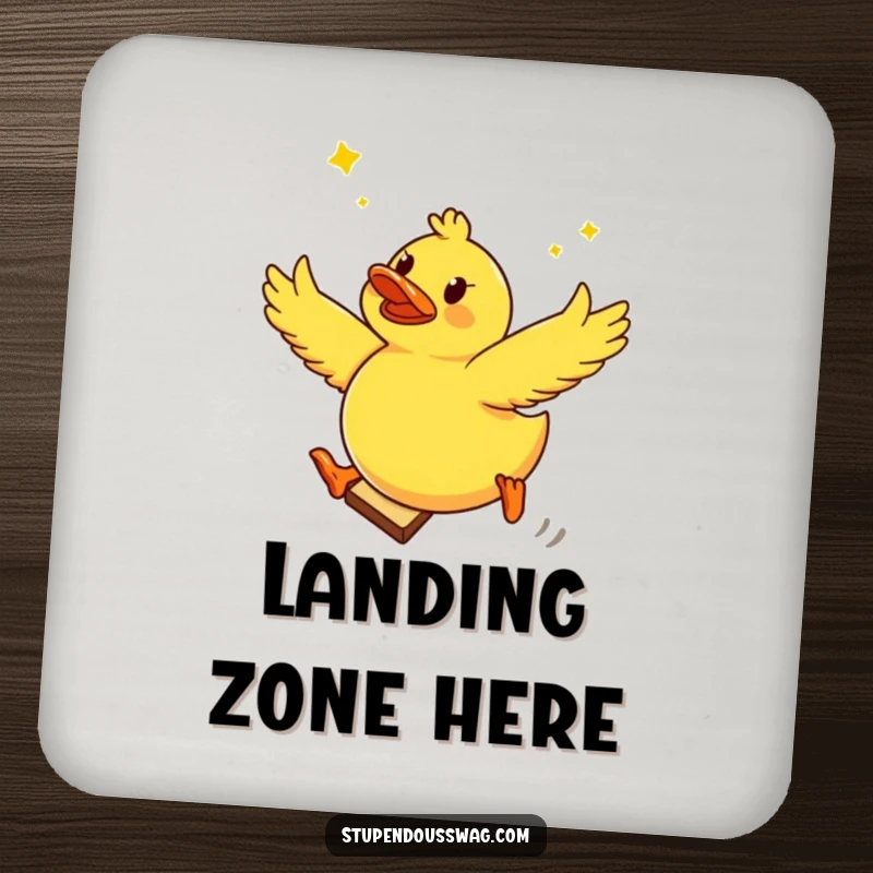 Funny drink coasters featuring a brave rubber ducky jumping from flying toast, protecting furniture with a humorous design.