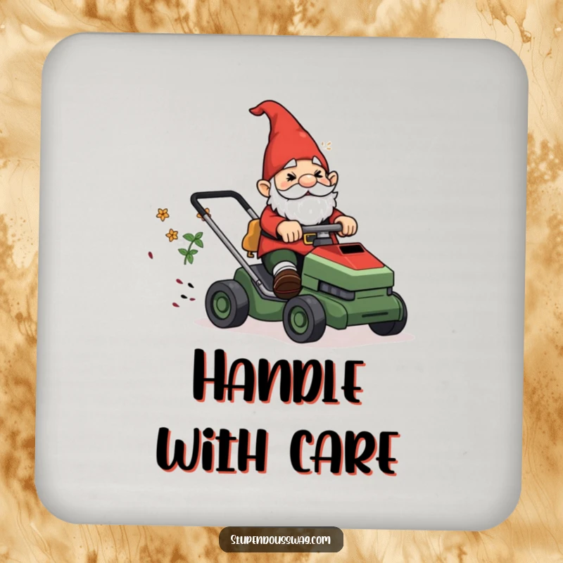 Funny Coaster: A garden gnome confusedly riding a runaway lawnmower, a humorous design for surface protection.