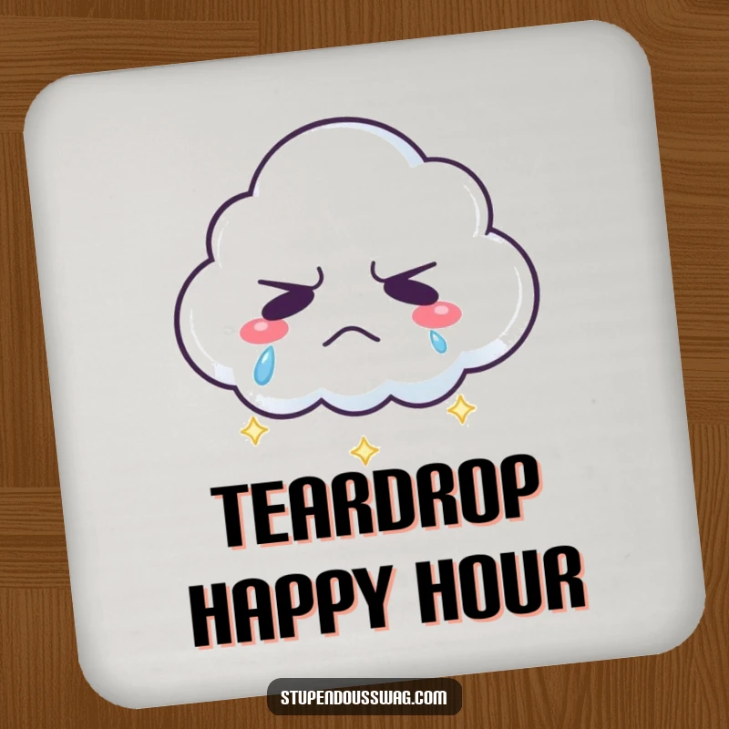 Funny grumpy cloud coaster with sparkling rainbow tears, a humorous and protective drink accessory for tables.