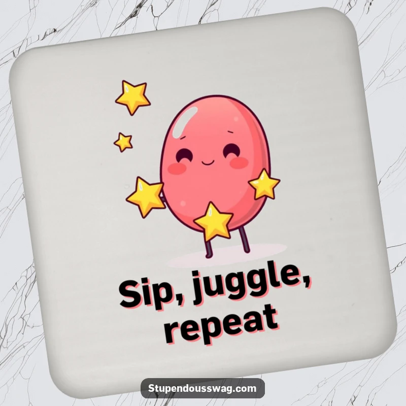 Funny drink coasters featuring a wobbly jelly bean juggling miniature bouncing stars, perfect for protecting furniture.