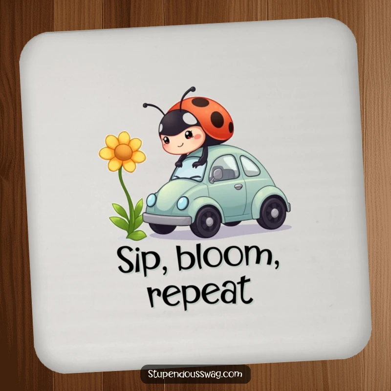 Funny drink coaster depicting a ladybug using a flower to power a tiny car, adding a comical touch to any beverage.