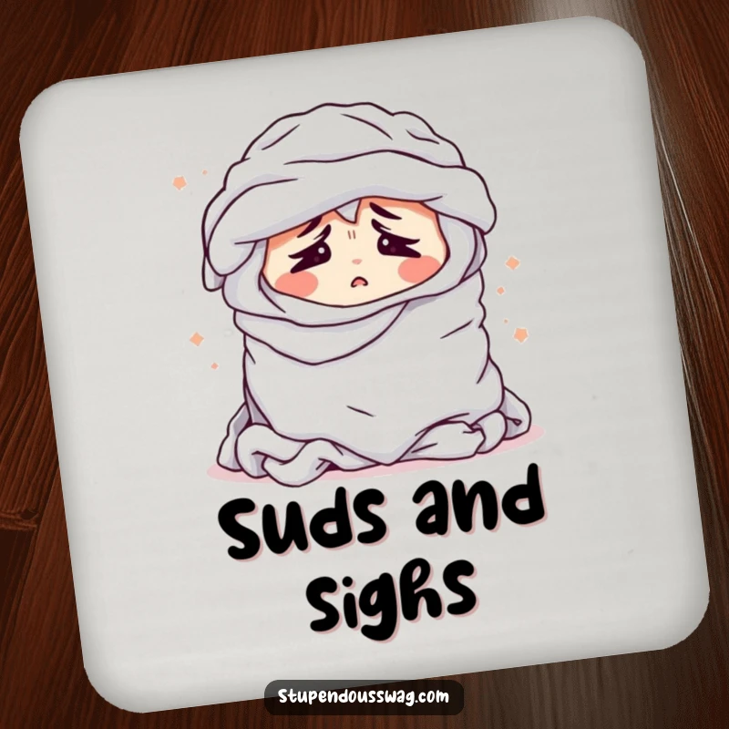 Funny drink coaster with a bewildered pile of laundry sighing dramatically, offering surface protection with a dose of humor.