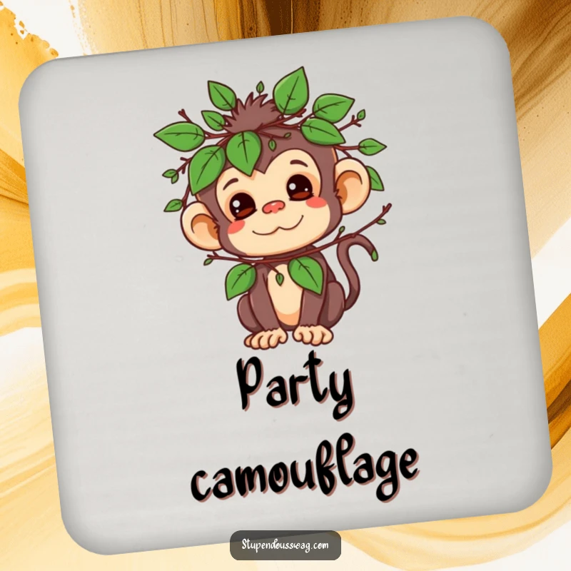 Funny coaster with a mischievous monkey character hidden in a disguise of leaves and twigs, adding humor to tabletops.