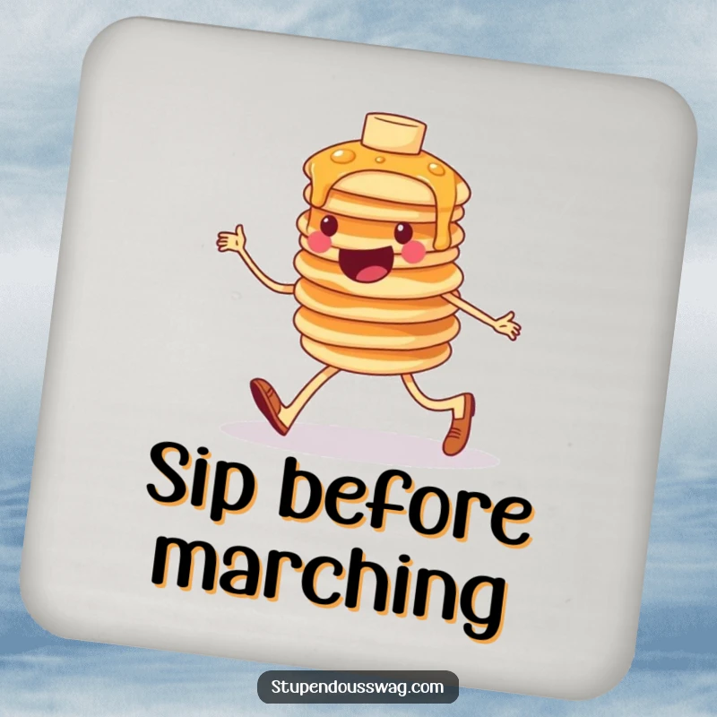 Funny drink coasters featuring a cheerful, wobbly stack of pancakes humorously marching, adding a playful breakfast touch to any tabletop.