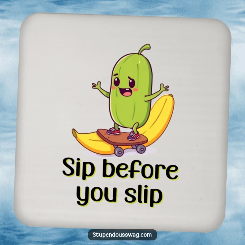 Funny drink coasters featuring a mischievous pickle skateboarding down a banana peel, perfect for protecting furniture.