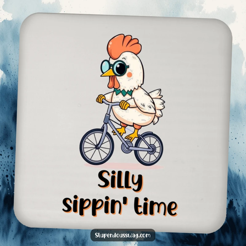 Funny rubber chicken wearing a monocle, riding a unicycle with a banana, on a whimsical drink coaster.