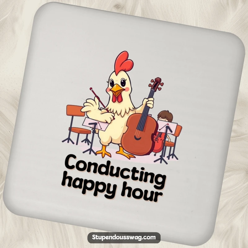 Funny drink coasters with a rubber chicken attempting to conduct an orchestra, adding a musical and humorous protection to tables.