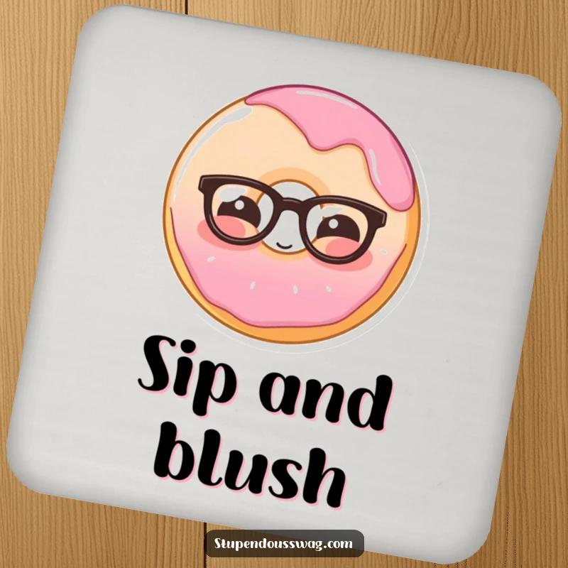 Funny drink coasters featuring a shy donut wearing glasses, blushing, protecting furniture with a humorous and sweet design.