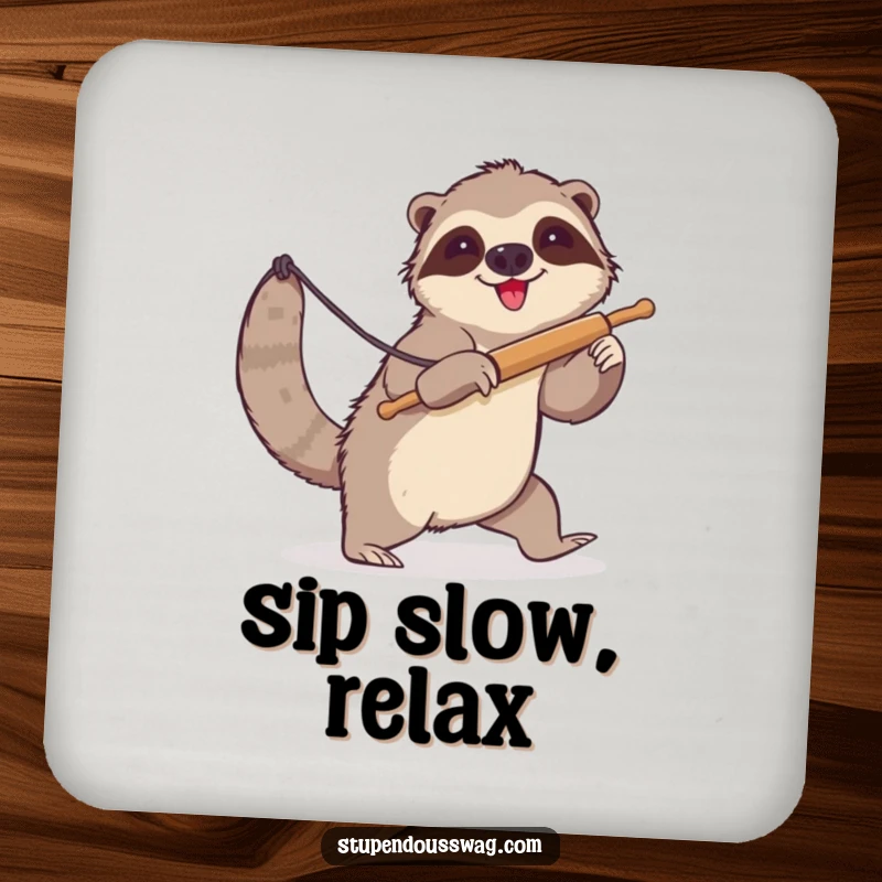 Funny sloth coaster featuring a clumsy sloth attempting to lasso a runaway rolling pin. Humorous and functional accessory.