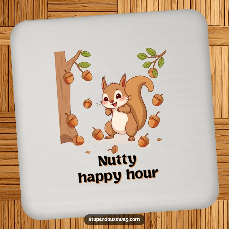 A decorative coaster featuring a frantic squirrel trying to catch bouncing acorns, offering surface protection with a whimsical and funny design.