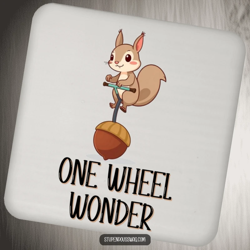 Funny drink coasters featuring a mischievous squirrel balancing on a giant acorn unicycle, providing surface protection with humorous artwork.