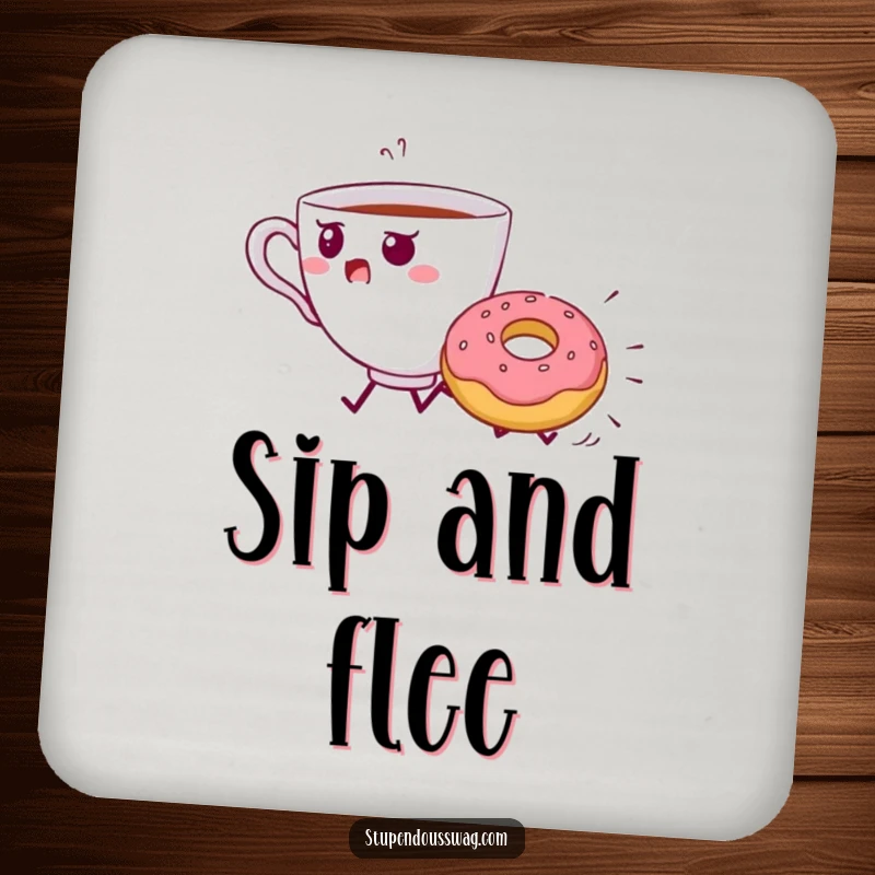 Funny Teacup Donut Chase Coaster: A startled teacup is chased by a rolling donut.