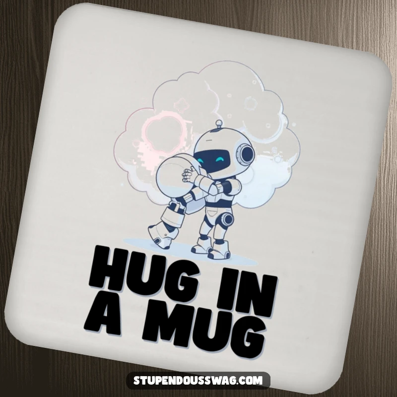 Funny tiny robot giving a giant hug to a fluffy cloud, designed as a drink coaster for humorous surface protection.