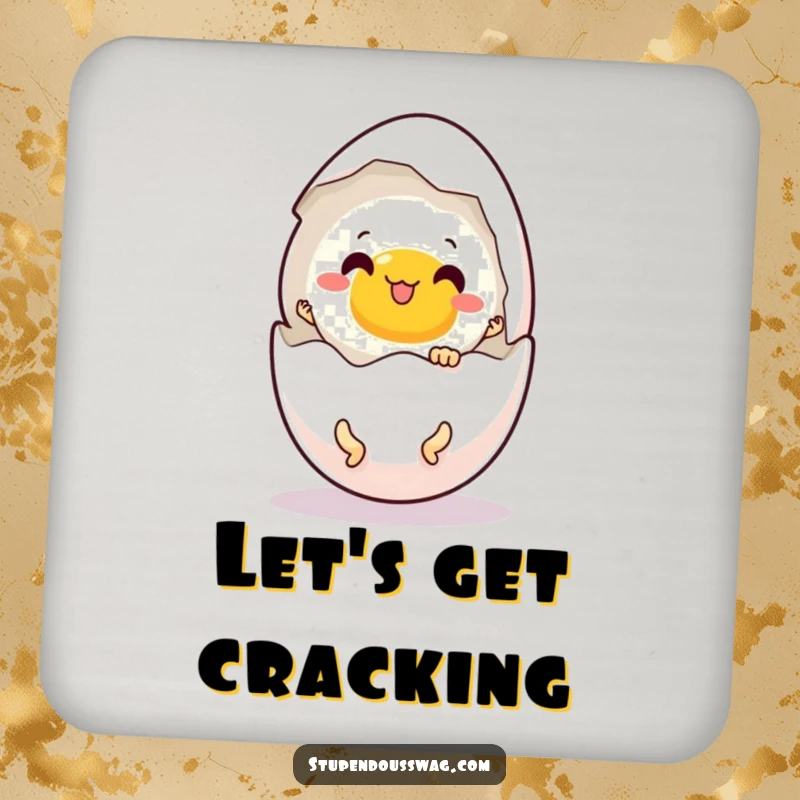 Funny coasters with a startled egg revealing tiny dancing legs, adding humor to table settings.