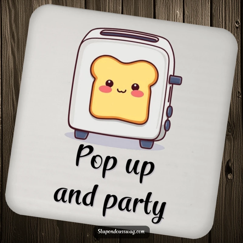 Funny drink coaster showing a smiling bread slice stuck halfway out of a toaster, perfect for protecting surfaces with a humorous touch.