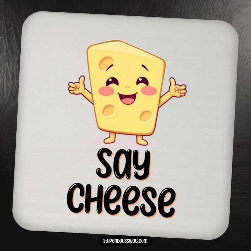 Funny dramatic cheese drink coasters showcasing a smiling cheese wedge in a bold, theatrical pose for humorous table protection.