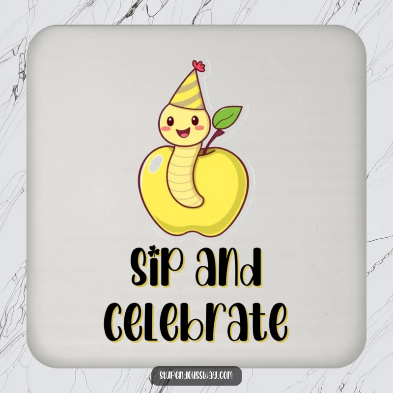Funny drink coasters featuring a happy worm in a party hat emerging from an apple, protecting furniture with a humorous design.