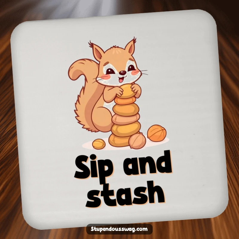 Funny drink coaster depicting a clumsy squirrel balancing a stack of nuts, protecting surfaces with adorable and humorous woodland-themed flair.