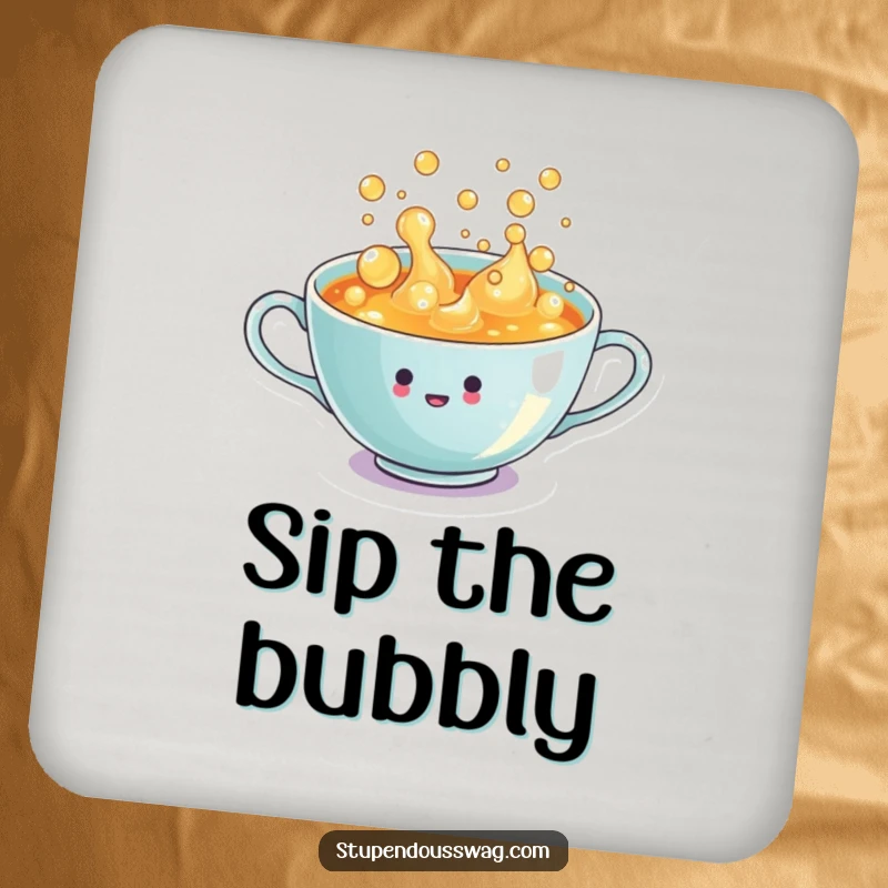 Funny Coaster: A tiny teacup overflowing with enthusiastic, bubbly liquid, a humorous design for surface protection.