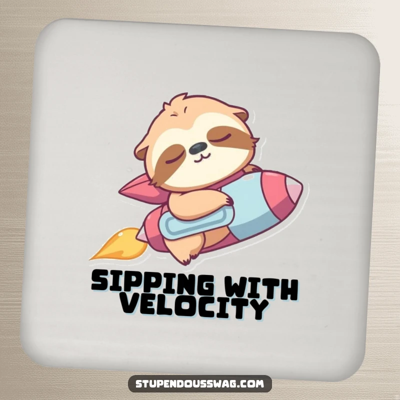 Funny drink coaster with a sleepy sloth wearing a jetpack, accidentally zooming upwards, protecting surfaces.