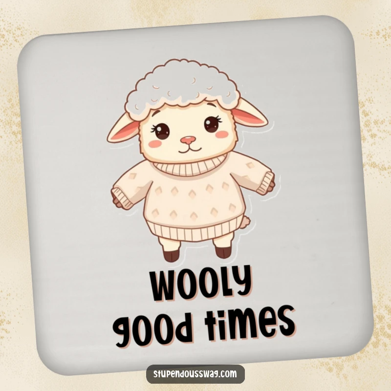 Funny sheep coaster featuring a confused fluffy sheep wearing its sweater inside out. Humorous and functional accessory for home bars and tables.