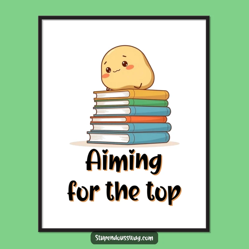 Funny Determined Potato Climbing Books Poster: Hilarious Wall Art for Book Lovers