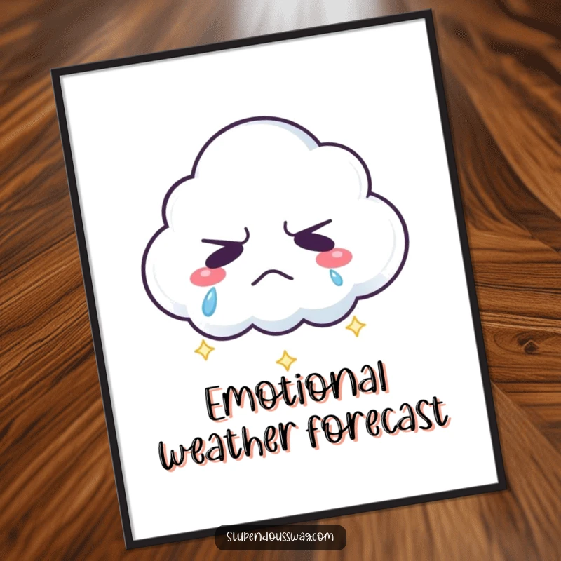 Funny grumpy cloud poster with sparkling rainbow tears, a humorous and colorful wall art print for decoration.