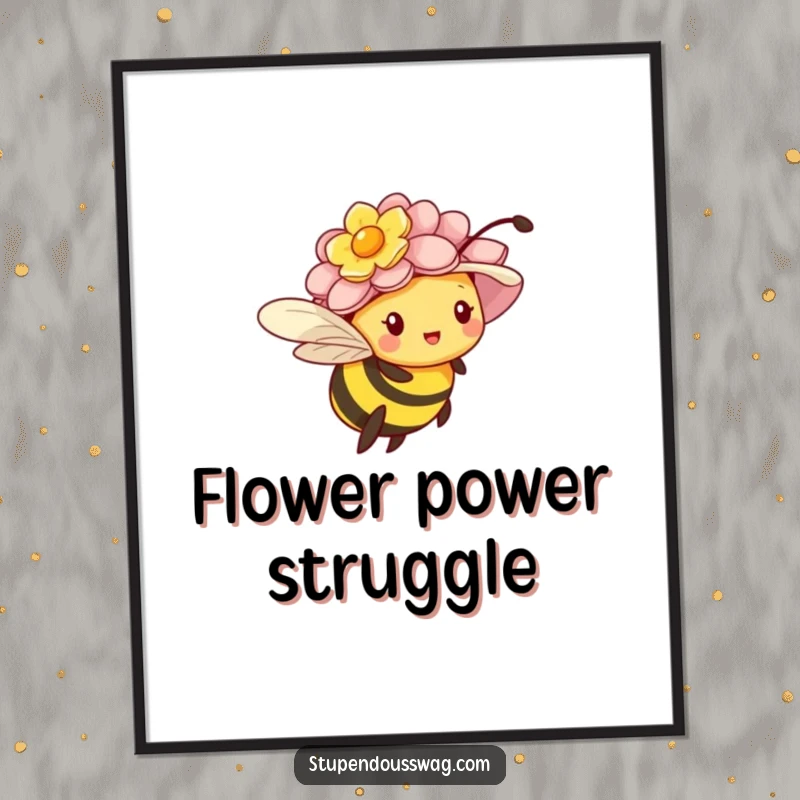 Funny poster illustrating a tiny bee comically struggling against an oversized flower hat, hindering its flight.
