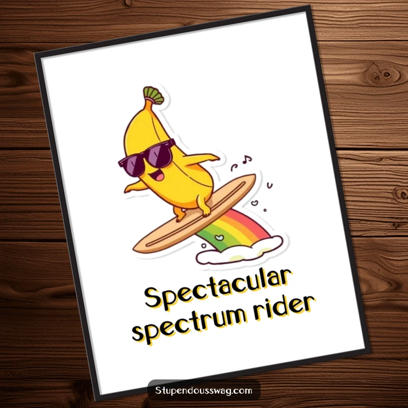 Funny poster art of a cool banana in sunglasses surfing a dazzling rainbow, radiating fun and adventure.