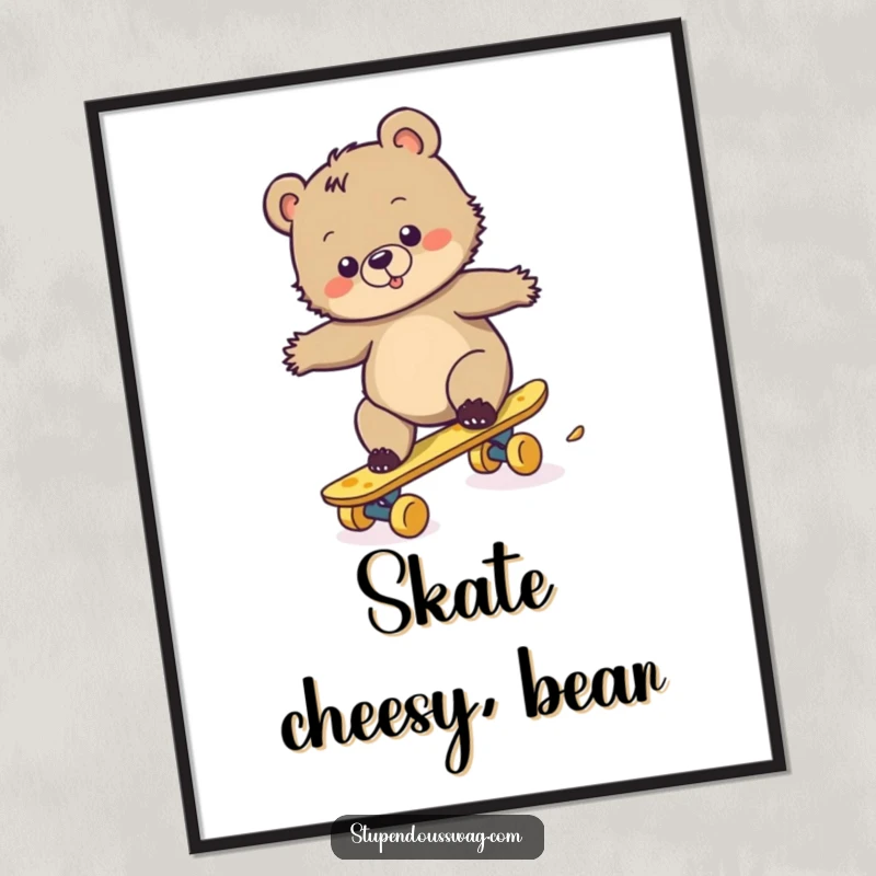 Funny poster illustrating a clumsy bear cub attempting to skateboard on a cheese wheel, a humorous and endearing scene.