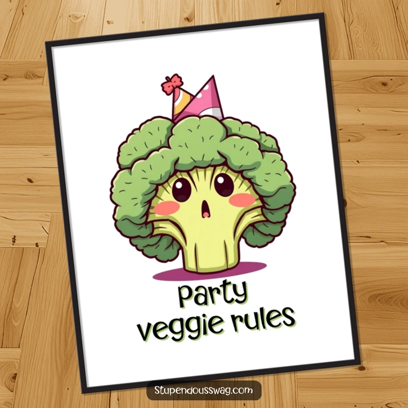 Funny poster illustrating a surprised broccoli head wearing a festive party hat, a humorous and charming piece of wall art.