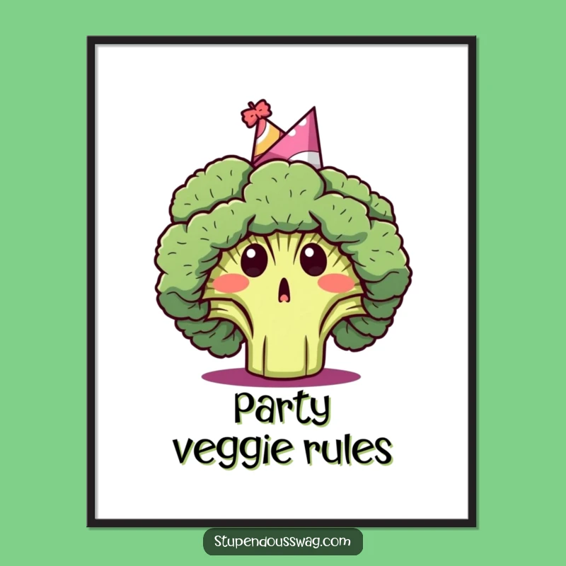Funny Broccoli Party Hat Poster: A Surprised Veggie Celebration, Quirky Wall Art