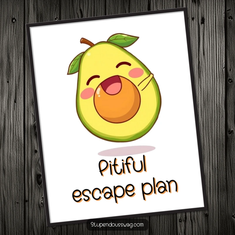 Funny avocado poster of a laughing avocado pit escaping its fruit and doing a tiny somersault. Humorous healthy food-themed wall art.